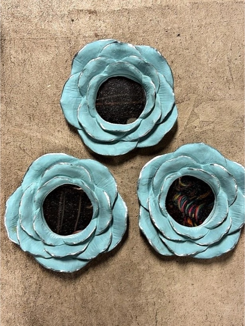 Set of 3 Blue Decorative Flower Mirrors Decor